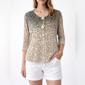 Chico’s Size Large Sequin Cardigan Sweater Leopard Print 3/4 Sleeve Wool Blend